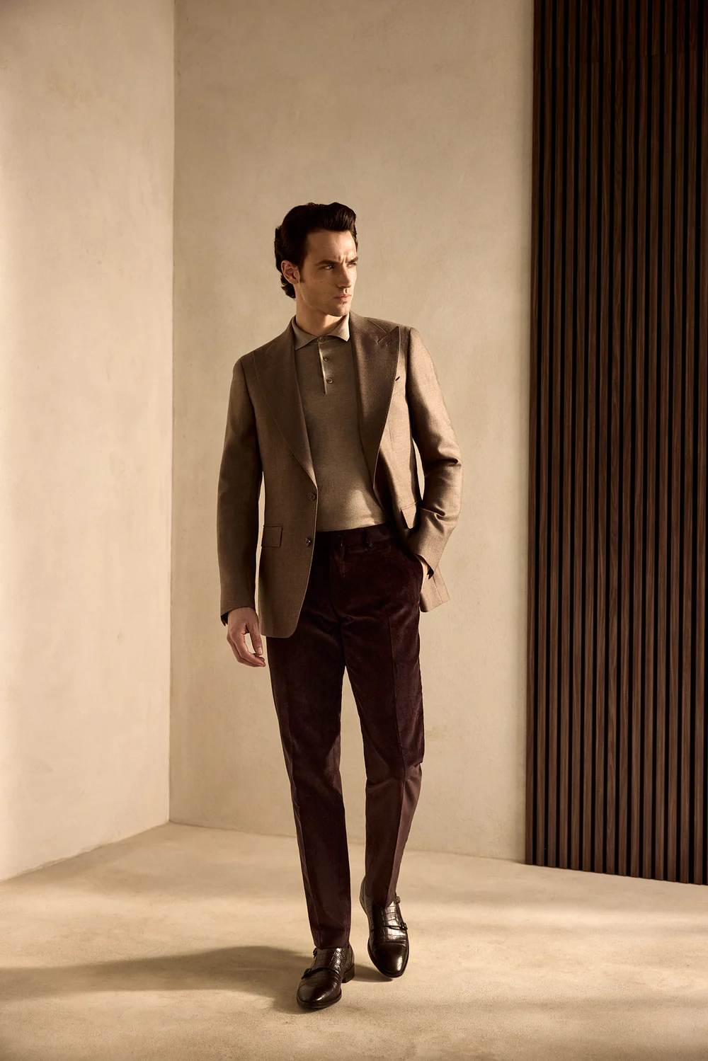 Bluza casmir & matase, guler Polo, grej