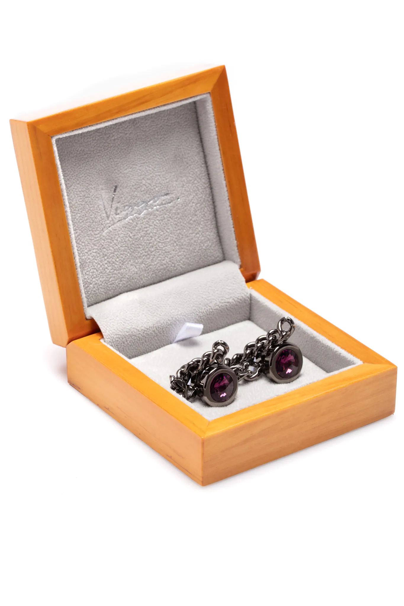 BUTONI ARGINTII CU LANT SI PIATRA MOV - imagine 3